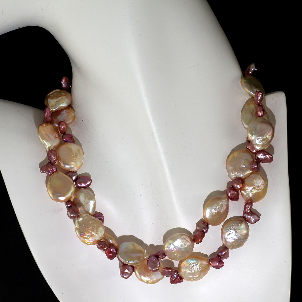 27 Inch Peachy Coin Pearl and Mauve Briolette Pearl Necklace