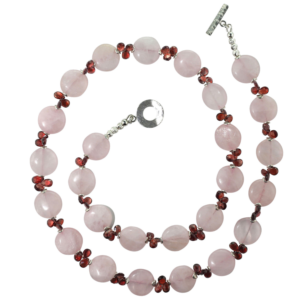 Opera length Unique Garnet Briolette and Rose Quartz necklace