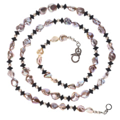 Long and lovely Silvery Pearls and Black Onyx necklace
