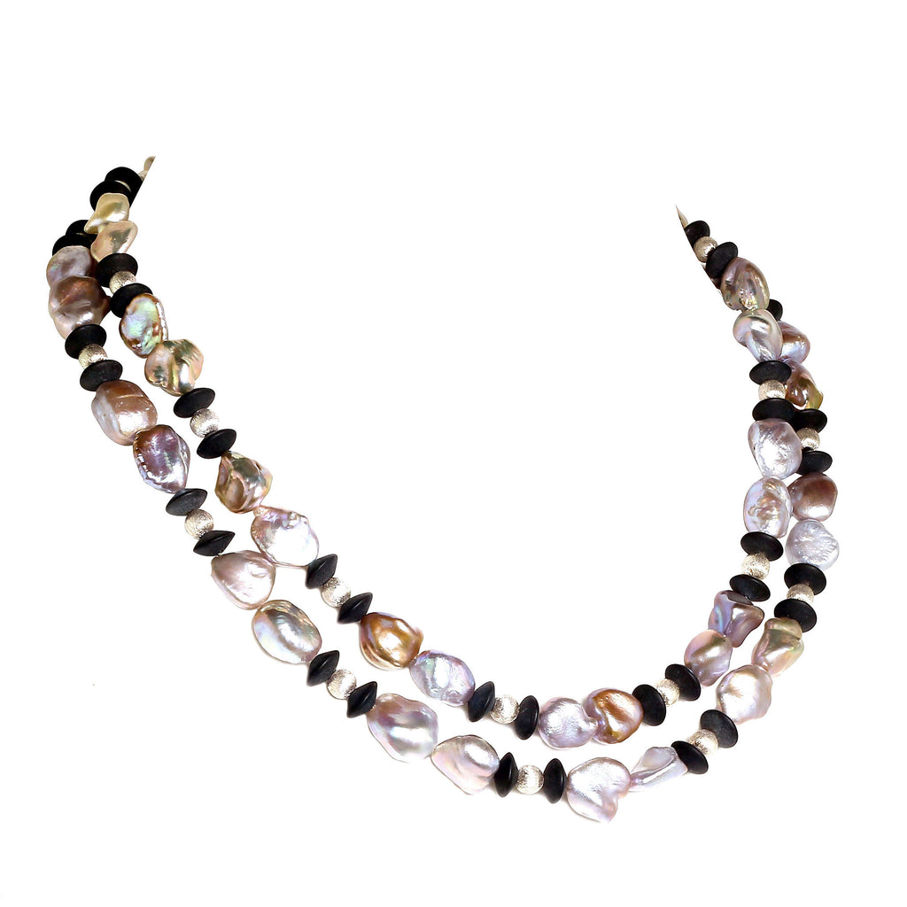Long and lovely Silvery Pearls and Black Onyx necklace