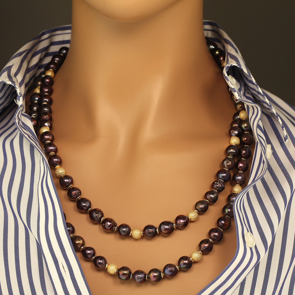 Two strand Iridescent Mauve Pearl necklace with Goldy accents