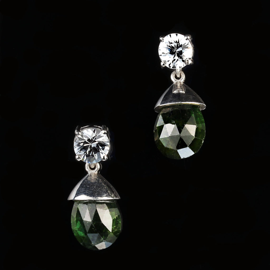 Elegant Evening Earrings of Genuine Zircons and Green Tourmalines