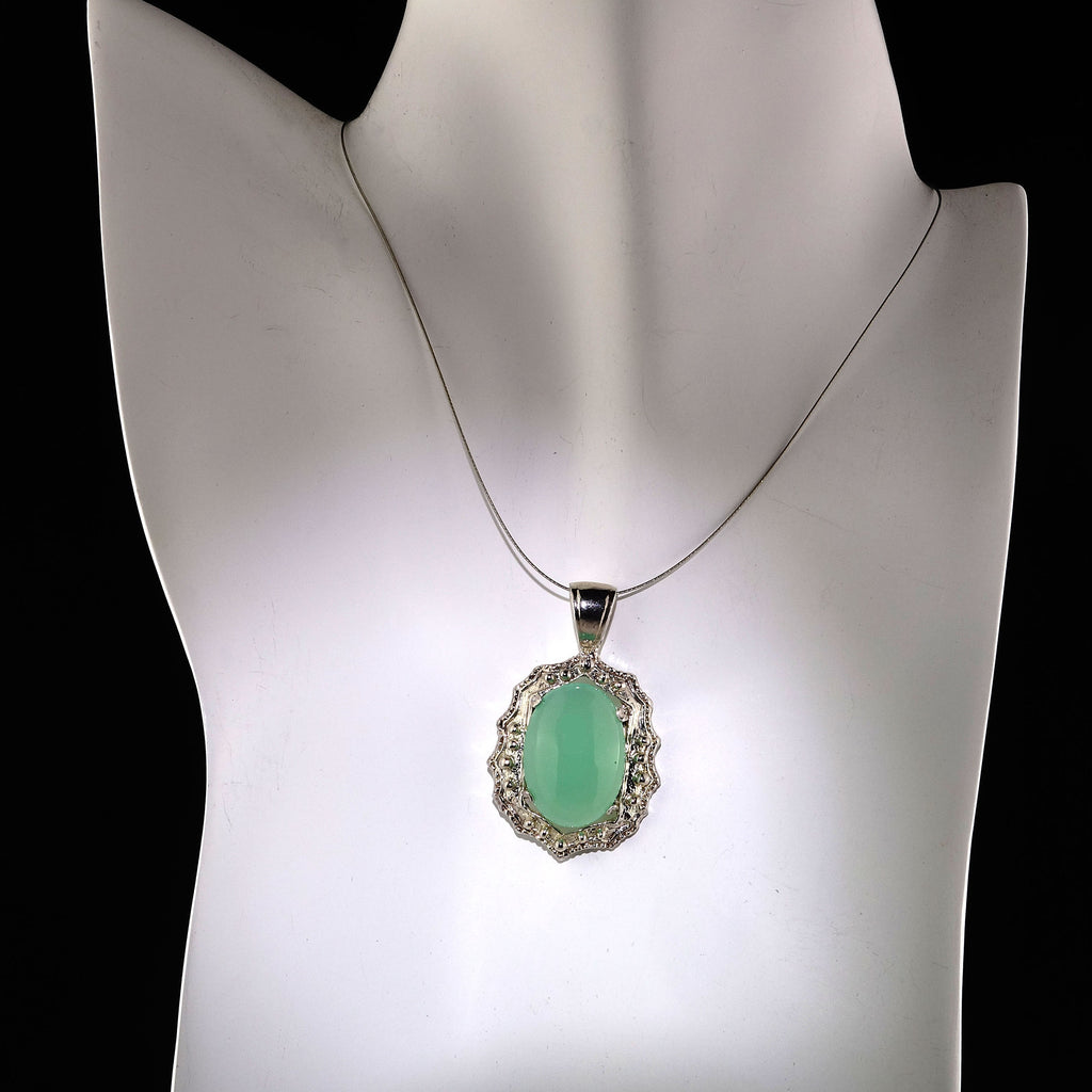 Glowing Translucent Cabochon Chrysophrase in Sterling Silver Pendant