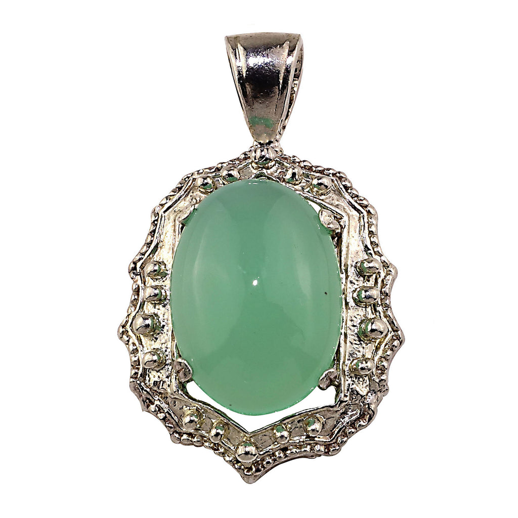 Glowing Translucent Cabochon Chrysophrase in Sterling Silver Pendant