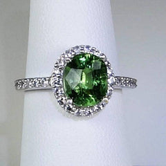 Glowing Oval Green Tourmaline Halo Set in Sterling Silver Ring