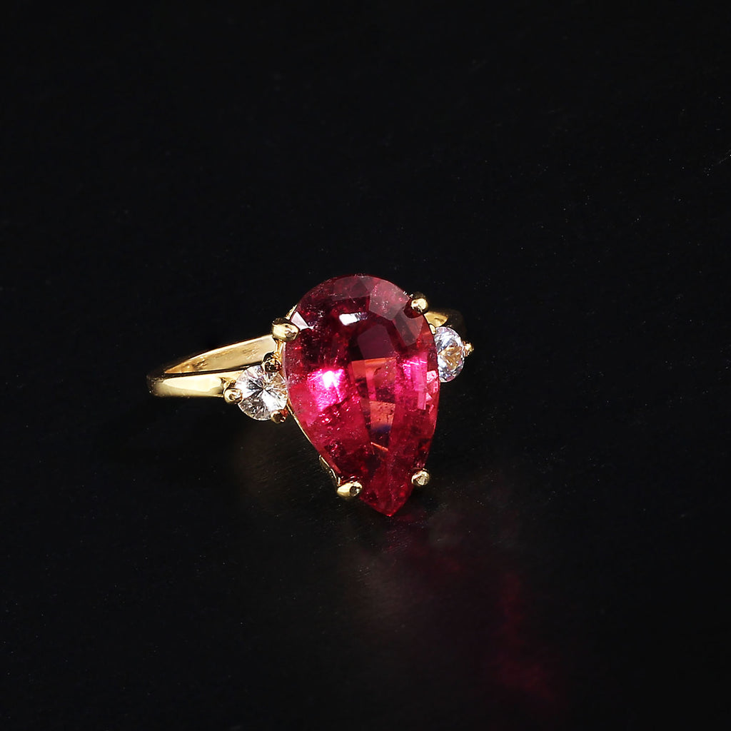 Pear Shape Rubelite and White Sapphires in Yellow Gold Ring