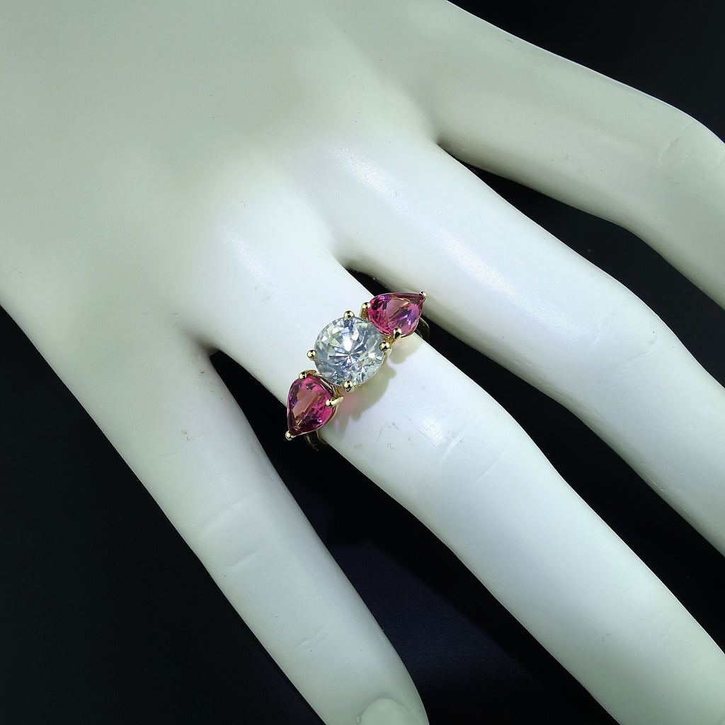 Sparkling White Zircon and  Glittering Pink Tourmaline  Cocktail Ring