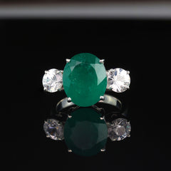 Statement Dinner Ring of Huge Brazilian Emerald and Cambodian Zircons in Silver