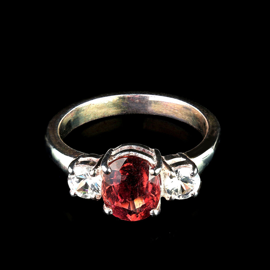 Ring of Sparkling Red Tourmaline accented with Cambodian Zircons
