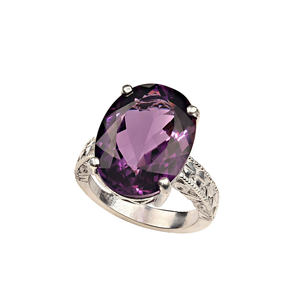 Dazzling Oval Amethyst in Sterling Silver Engraved Ring  February Birthstone