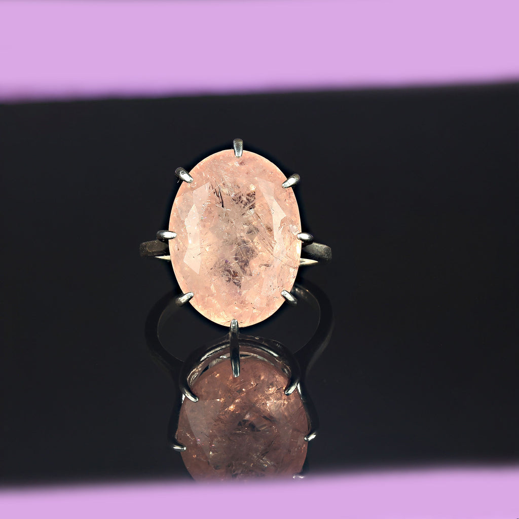 13.98 Carat Oval Pink Morganite in Sterling Silver Ring