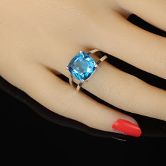 Scintillating Antique Cushion Cut 6Ct Swiss Blue Topaz and Sterling Silver Ring