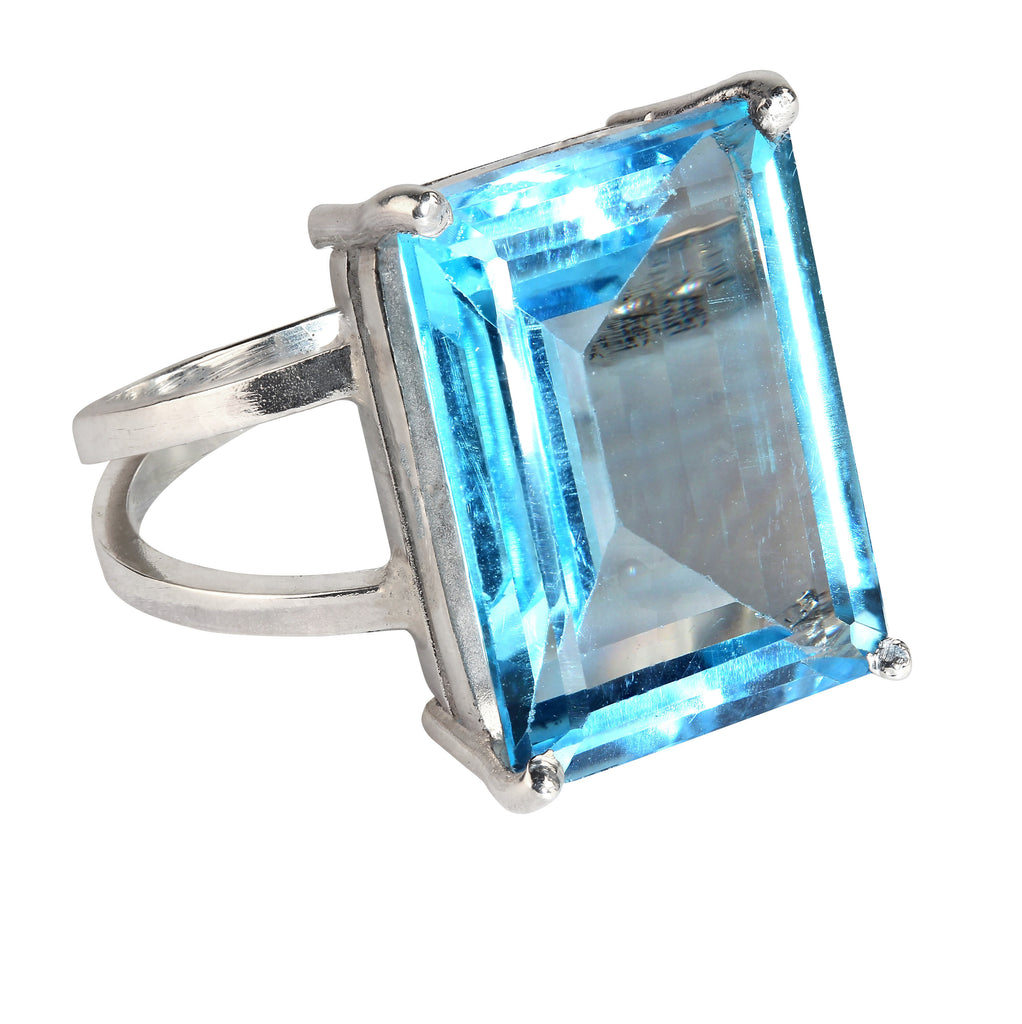 Exciting 16Ct Emerald cut Sky Blue Topaz and Sterling Silver Ring