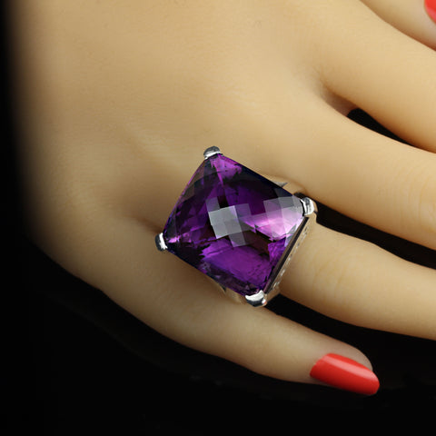 56Ct Square Awe-Inspiring Amethyst and Sterling Silver Ring
