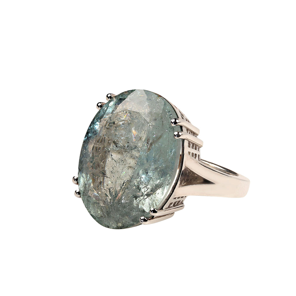 25CT  Blue-Green Oval Beryl Set in Elegant Sterling Silver Ring