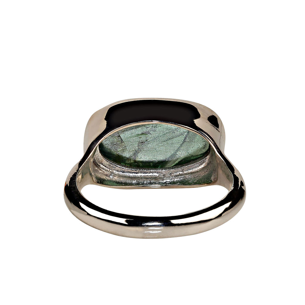 Unique Carved Green Tourmaline and Sterling Silver Ring