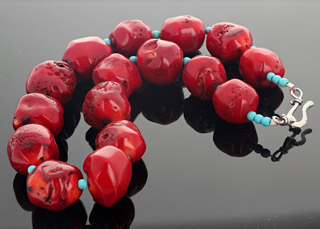 Unique Red Bamboo Coral and Turquoise Necklace