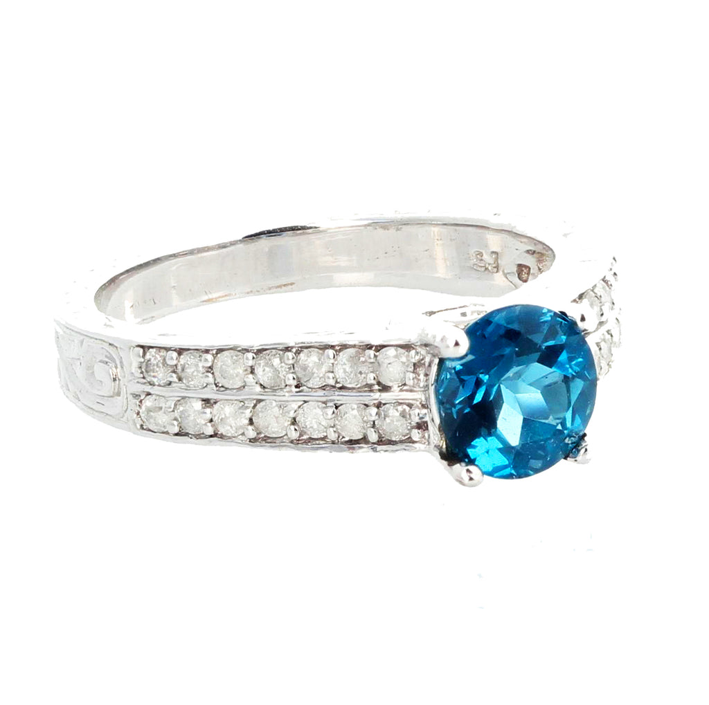 Blue Topaz and White Diamond  White Gold Ring