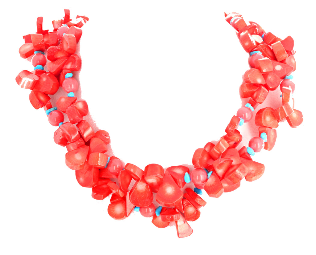 Artistic Elegant Orange Coral and Turquoise Double Strand Necklace