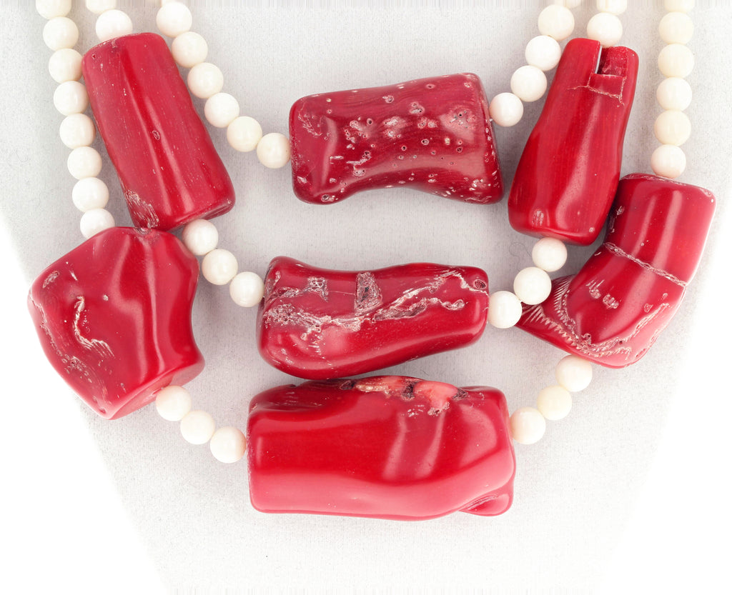 Red Coral and White Coral Triple Strand Necklace