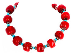 Bamboo Coral, Smoky Quartz and Turquoise Necklace