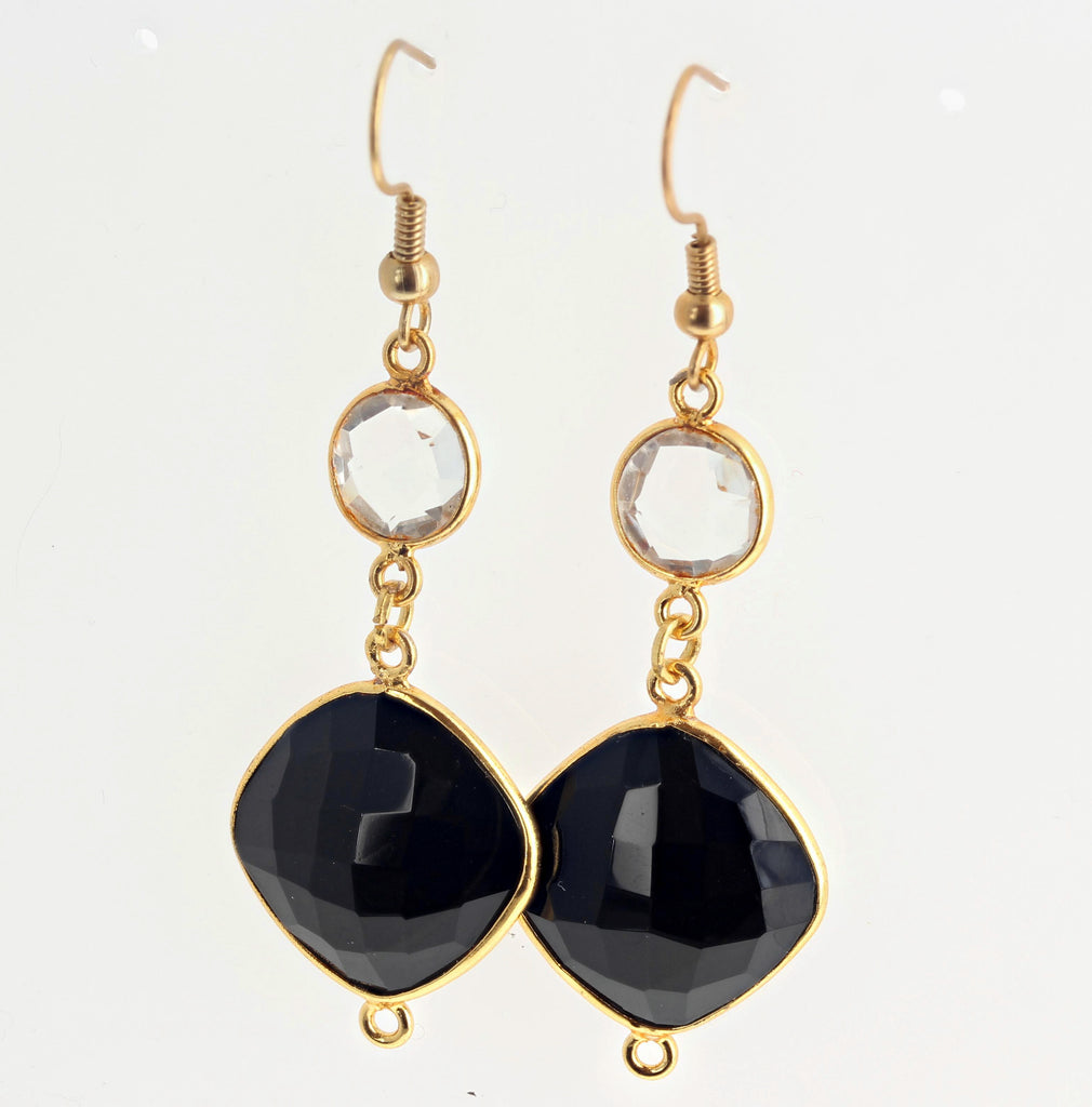 Onyx and Quartz Gold Plated Hook Earrings