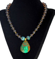Emerald, Chrysocolla and Smoky Quartz Necklace