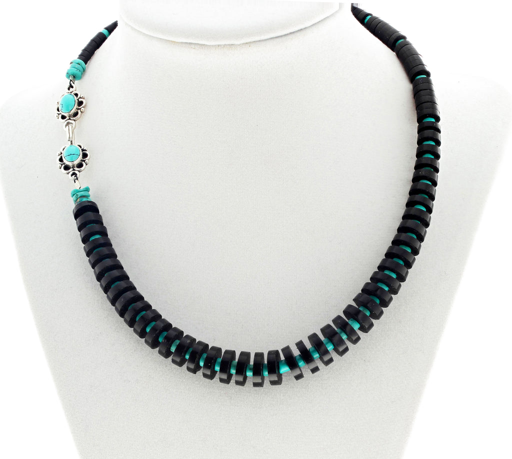 Unique Jet and Turquoise Necklace with Sterling Silver Turquoise Clasp