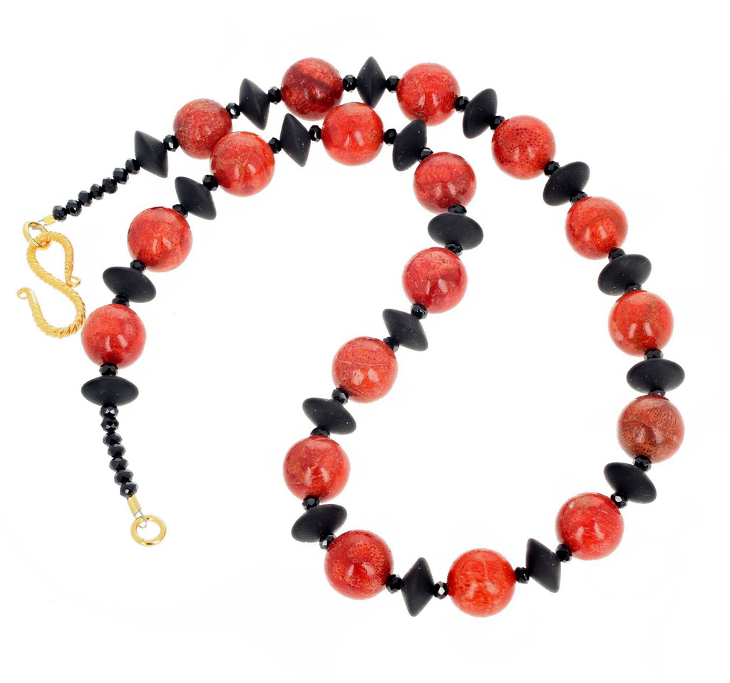 Red Bamboo Coral and Black Onyx Necklace