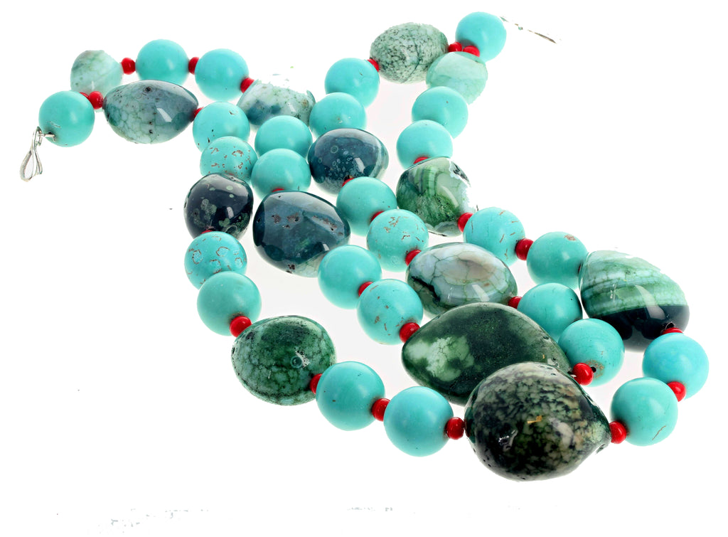 Green Canadian Jade, Turquoise, and Coral Double Strand Necklace