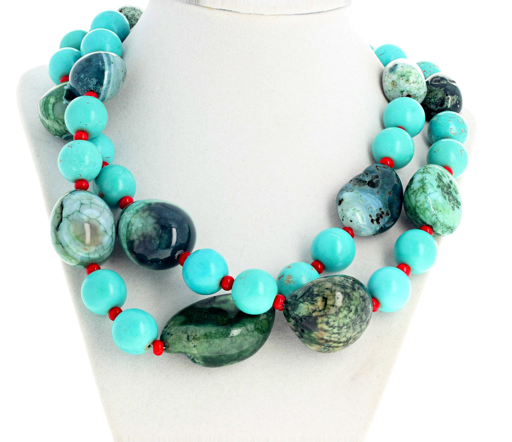 Green Canadian Jade, Turquoise, and Coral Double Strand Necklace
