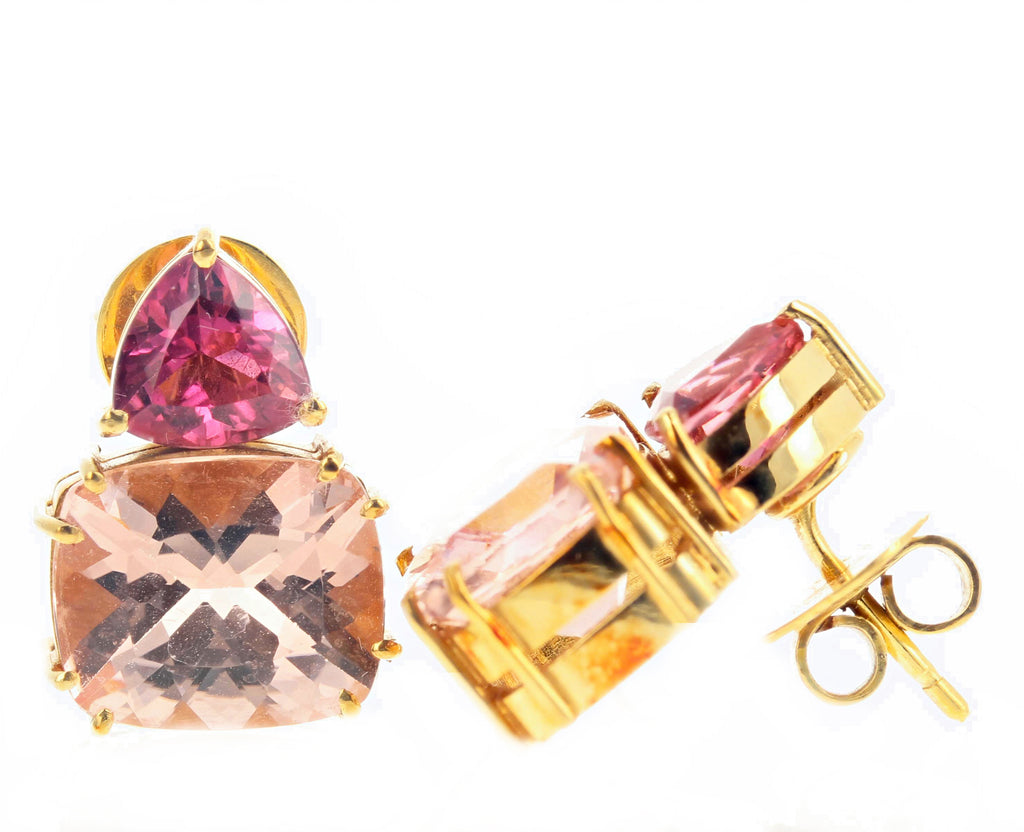 Set of Morganite and Rubelite Tourmaline 18KT Gold Ring and Stud Earrings