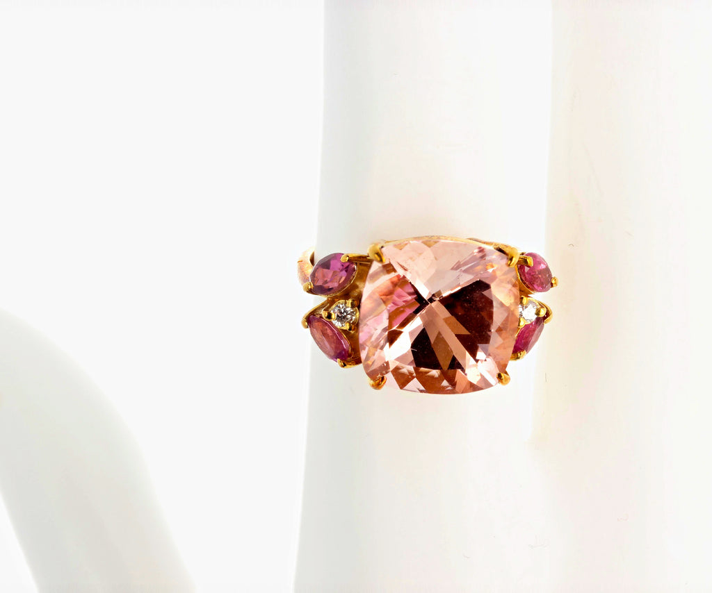 Set of Morganite and Rubelite Tourmaline 18KT Gold Ring and Stud Earrings