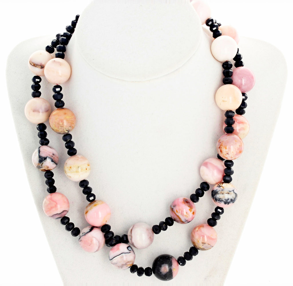 Double Strand Peruvian Opals and Sparkling Black Spinel Necklace