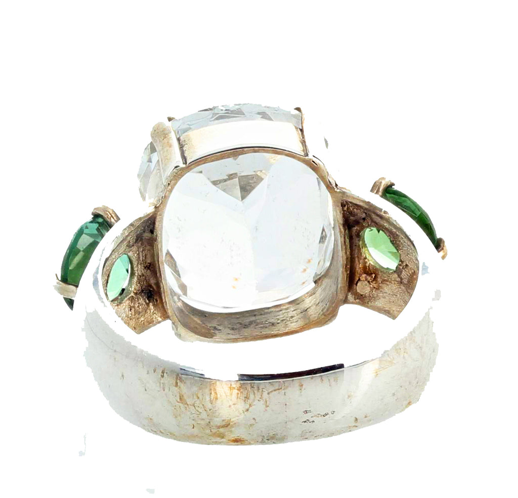 11.80 Carat White Topaz and Green Tourmaline Sterling Silver Ring