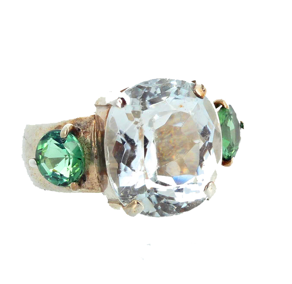 11.80 Carat White Topaz and Green Tourmaline Sterling Silver Ring