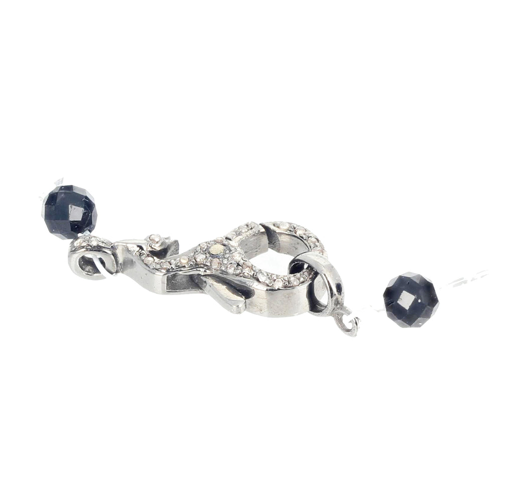 Glowing Silvery White Quartz and Black Spinel Diamond Clasp Necklace