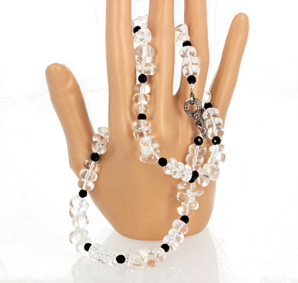 Glowing Silvery White Quartz and Black Spinel Diamond Clasp Necklace