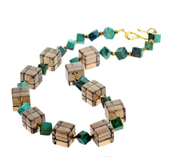 Unique Clear Smoky Quartz Cubes and Turquoise Necklace