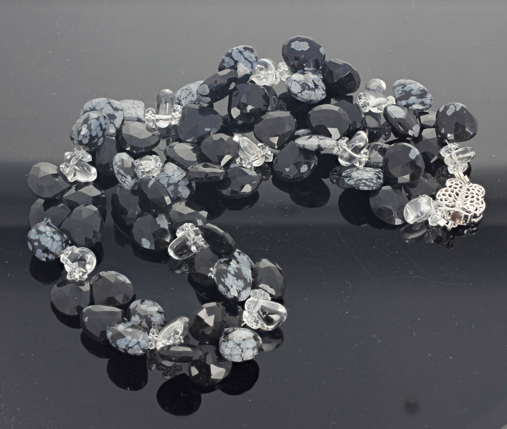 Unique Snowflake Obsidian and Silver White Quartz Necklace