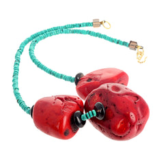 Huge Coral Chunk and Turquoise Neckace