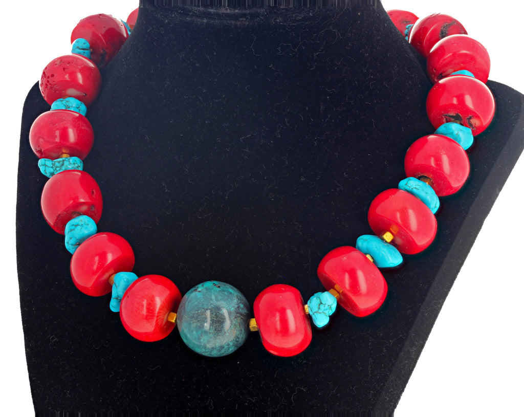Red Coral, Blue Magnesite and Azurite Necklace