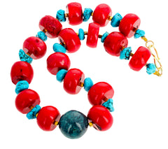 Red Coral, Blue Magnesite and Azurite Necklace