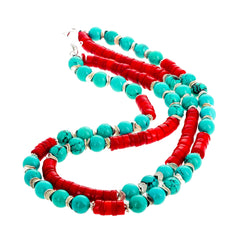 Turquoise and Red Bamboo Coral Double Strand Necklace