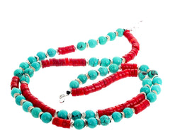Turquoise and Red Bamboo Coral Double Strand Necklace